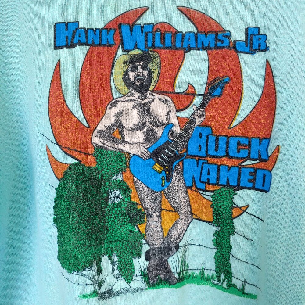 Vintage 70s Hank Williams Jr Shirt Buck Naked Screen Print Aqua Blue Crew Neck
